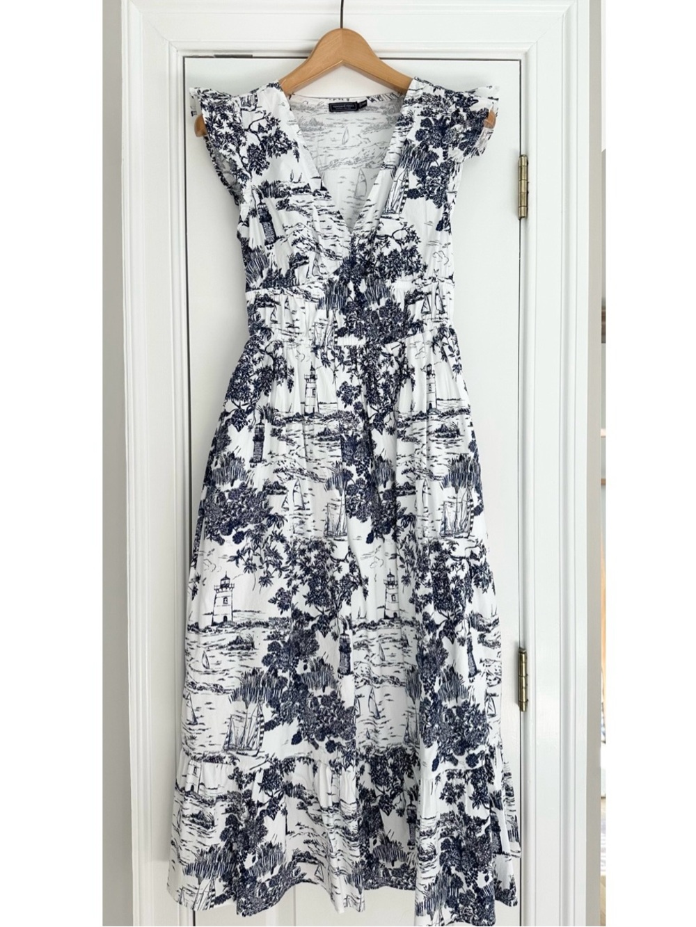 Marina Poplin Flutter-Sleeve Midi Dress Navy Toile